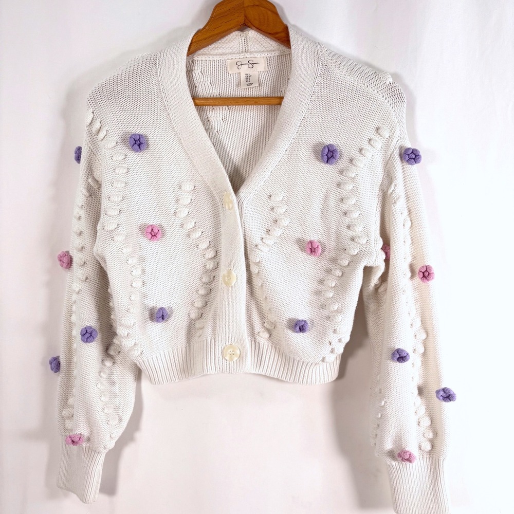 Jessica Simpson Cardigan White Floral Popcorn Knit Cropped Sweater S Balletcore